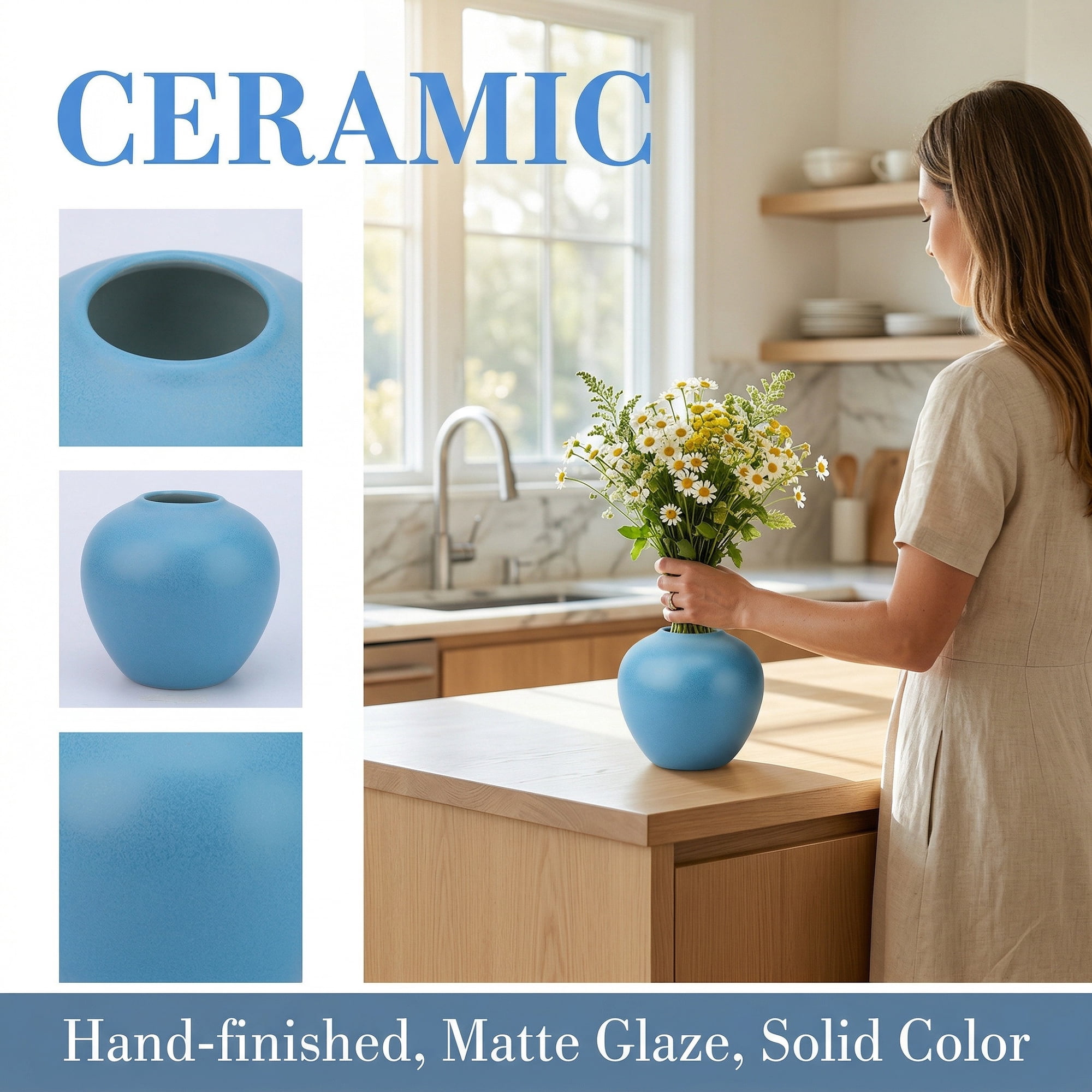 Unique Bargains Modern Ceramic Home Decor Small Ribbed Bud Vase Blue 4.3" x 4.3" x 4"