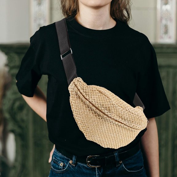 OFFIGAM Women Fanny Packs Khaki Nylon 1Pack Boho Handmade Woven Texture Crossbody For Women Outdoor Summer Beach Party