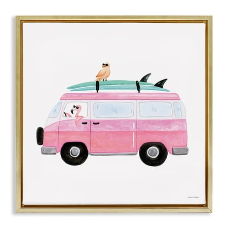 Stupell Industries Summer Birds & Van Transportation Painting Gold Floater Framed Canvas Art Print Wall Art  18 x 18