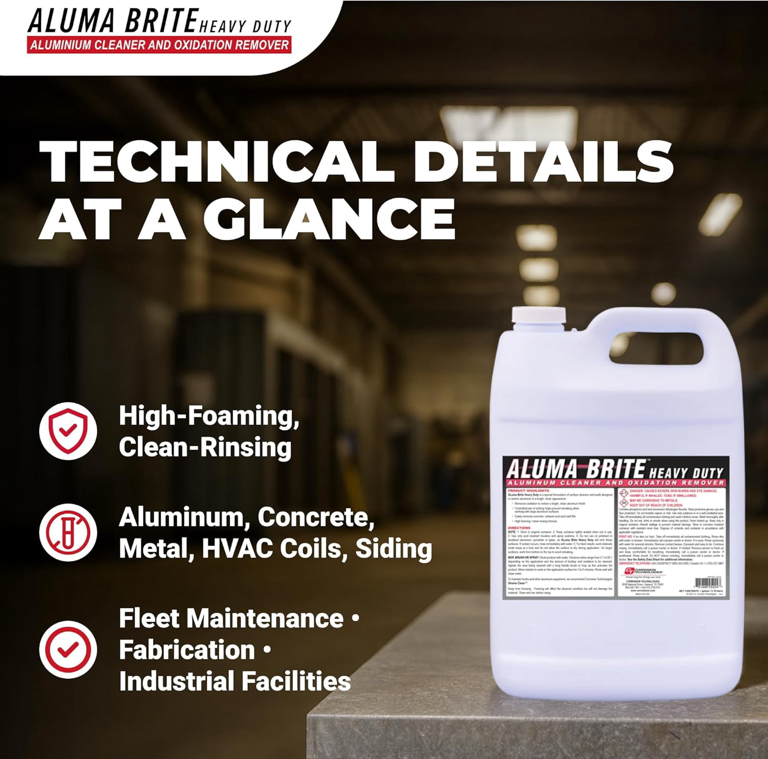 Corrosion Technologies ALuma Brite Heavy Duty Aluminum Cleaner, Industrial Brightener for Oxidation Removal, Concrete and Soot Residue, Commercial-Grade, High Foaming Rinse-Free Formula, 1 gallon