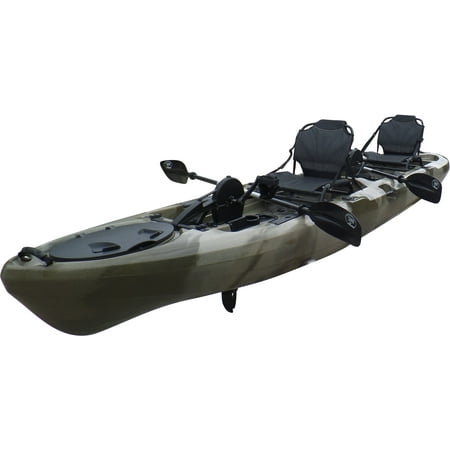 BKC PK14 14' Tandem Sit On Top Pedal Drive Kayak W/ Rudder System, 2 Paddles, 2 Upright Back Support Aluminum Frame Seats 2 Person Foot Operated