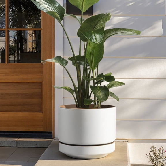 BEMAY 12" Ceramic Plant Pot with Drainage Hole & Separate Saucer, Large Indoor Planter, Two-Tone Modern Flower Pot for Living Room & Entryway,Alpine White & Ochre Pot for Plant