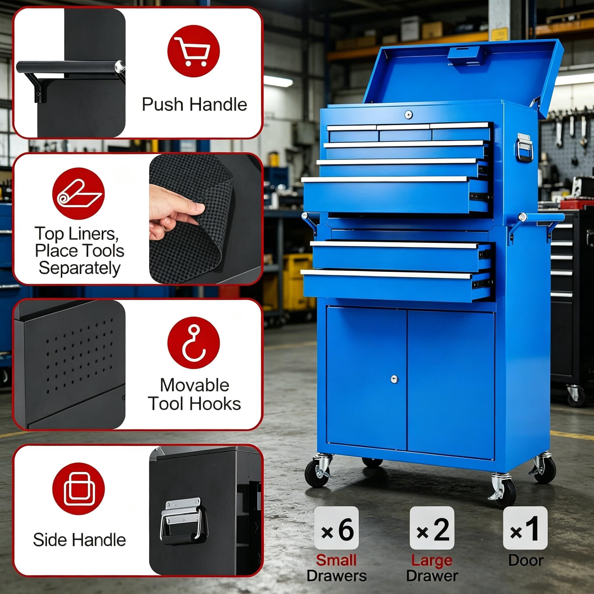 Garvee 2-in-1 Rolling Tool Chest, Heavy-Duty Metal Tool Storage Organizer with Liners and Locking System for Garage, Workshop, Blue
