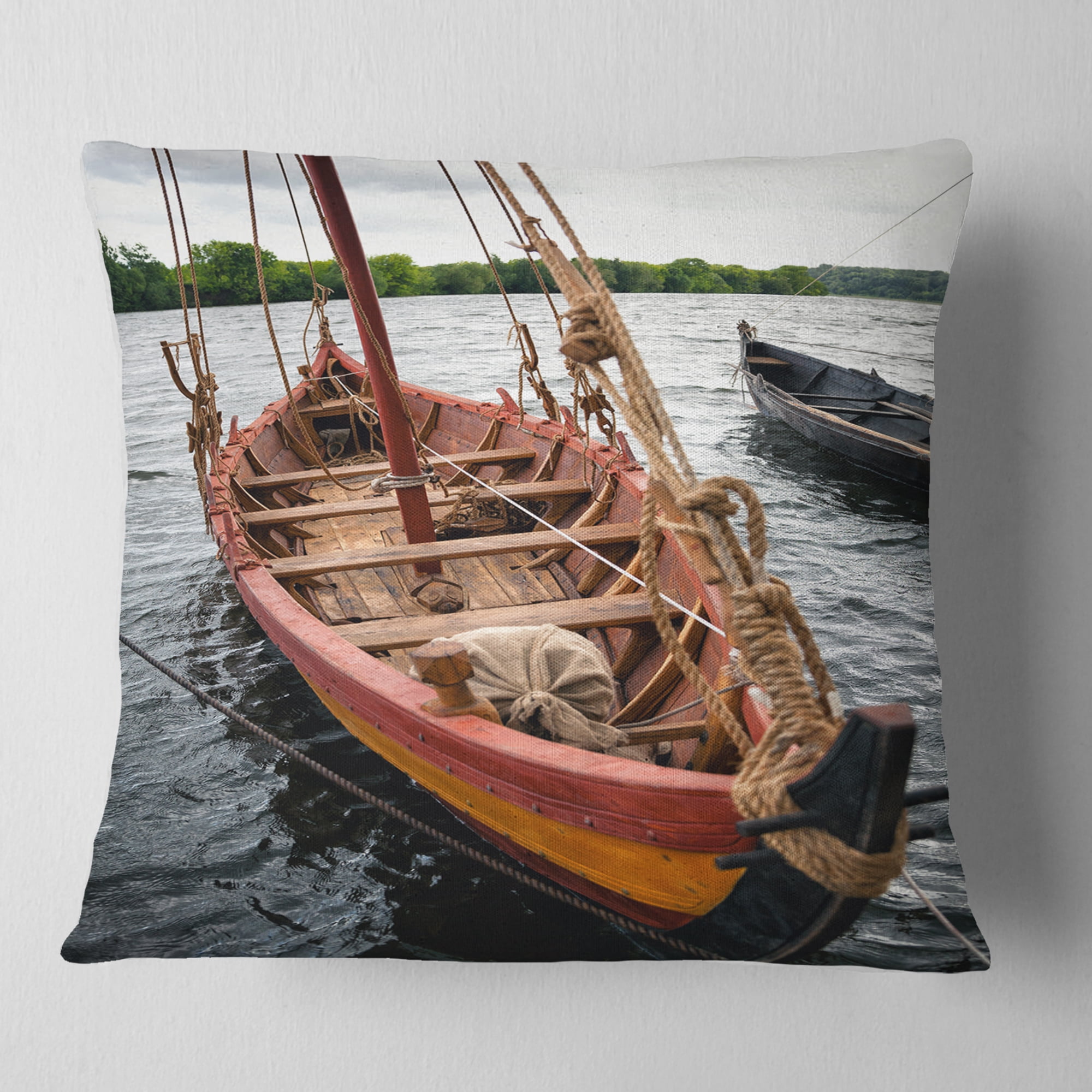 Designart Vintage Wooden Boat - Seascape Throw Pillow - 18x18