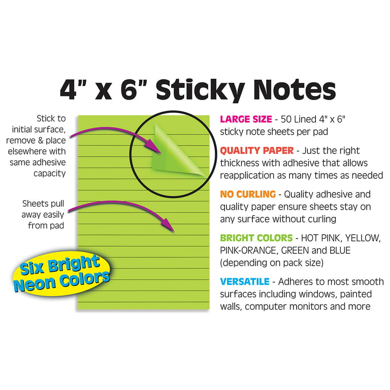 SmartUlife Lined Sticky Notes, Super Sticky Note with Lines, 4 x 6 inch, 50 Sheets/Pad, 8 Candy Colors, 12Pad