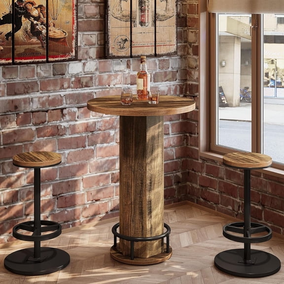 Tribesigns Small Round Dining Table with 2 Chairs, 3-Piece Kitchen Table Counter Height Bar Table, Brown