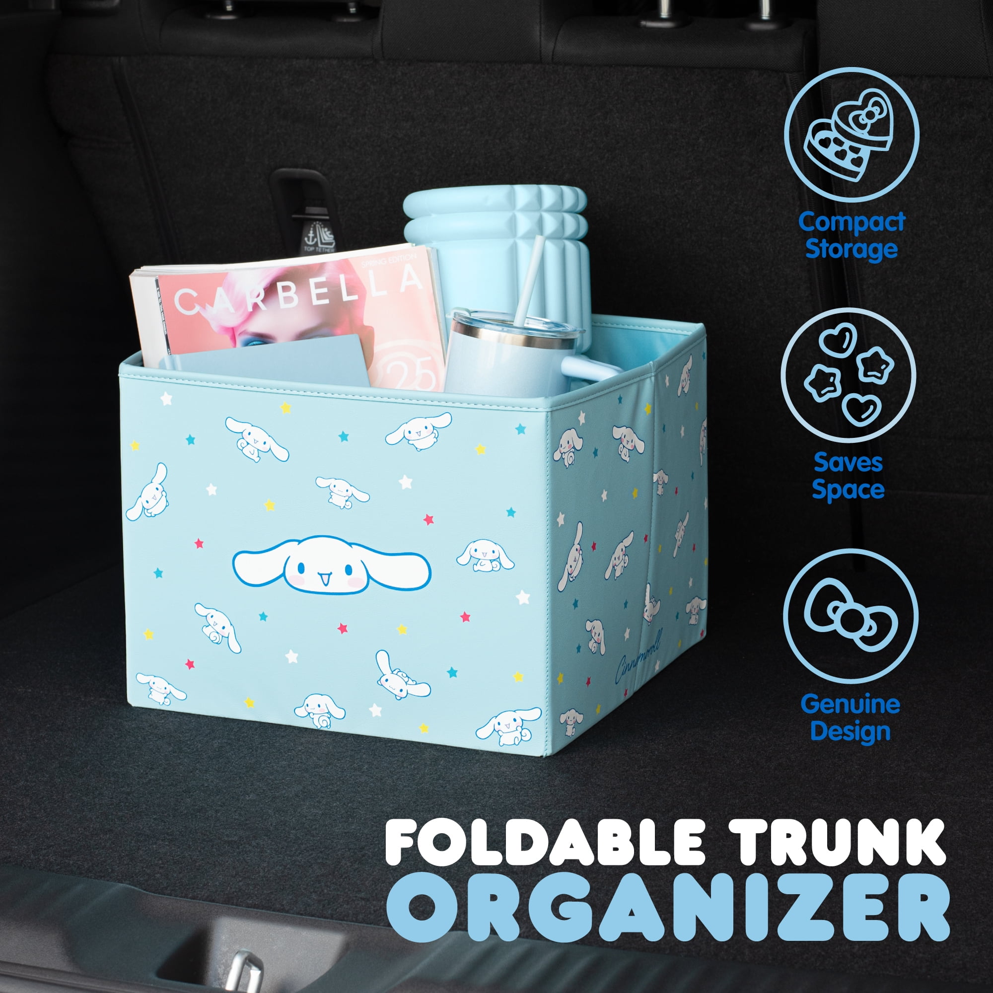Sanrio Cinnamoroll Car Trunk Organizer and Storage Bin - Collapsible Simple Compartment Convenient Heavy Duty, Fold Up for Easy Storage Box, Automotive Seat Cargo Groceries Tools - 12.5L x 12.5W x 9H