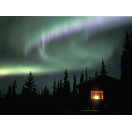 Aurora Borealis on a Cold Winter Night over a Cabin in the Taiga, Alaska, USA Print Wall Art By Tom