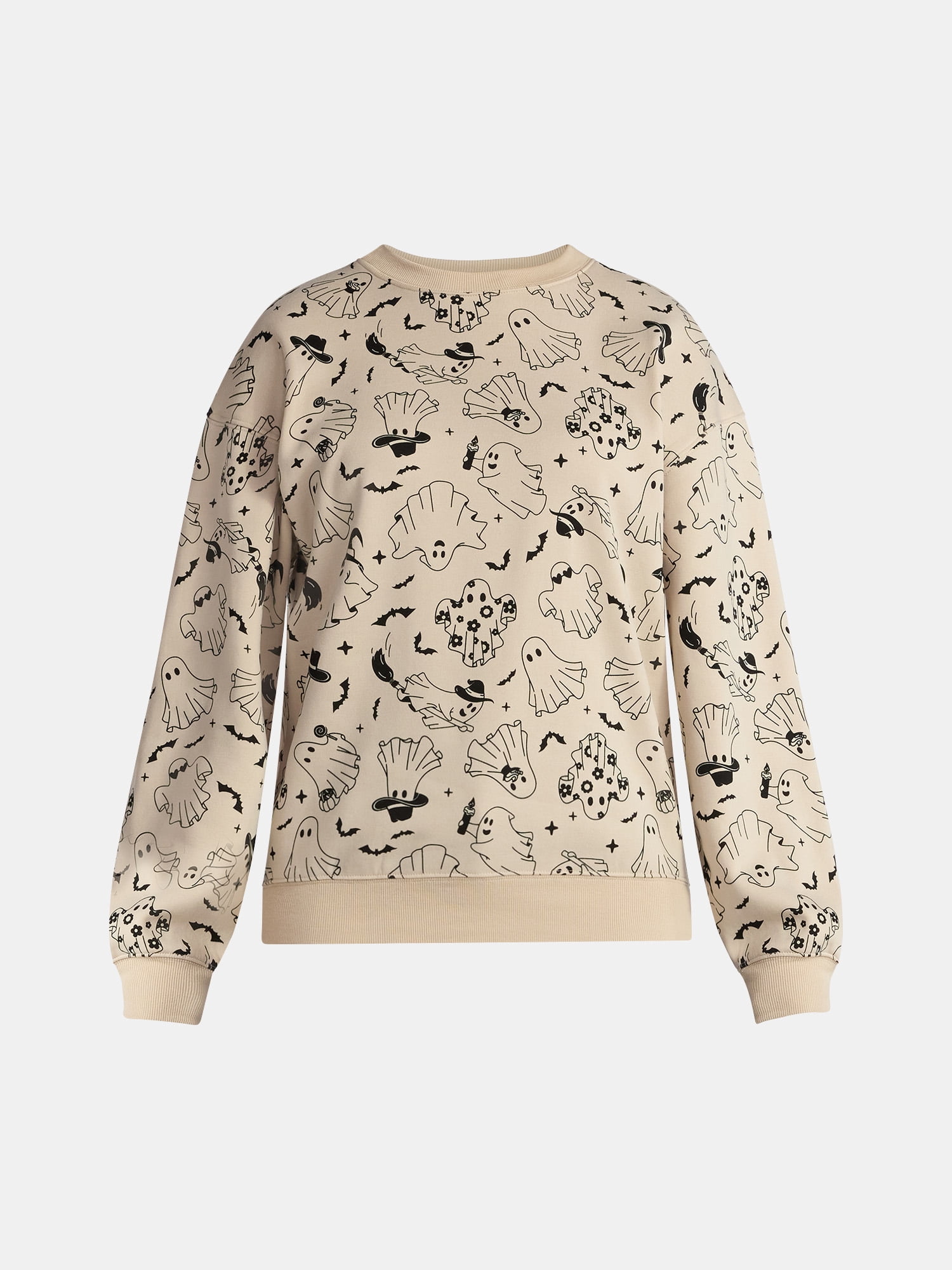 Halloween Women's Happy Ghost Graphic Print Sweatshirt with Long Sleeves, Sizes XXS-XXL
