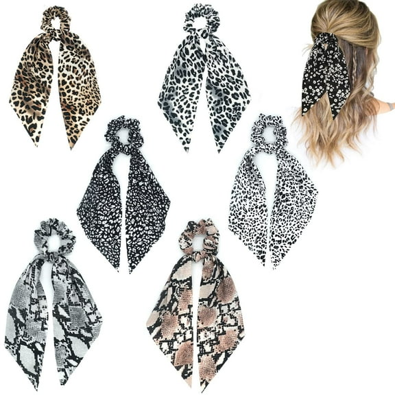 Hair Scarf Scrunchie Ties Hair Ribbon Ties Long Bow Scrunchie Fashion Cheetah-print Chiffon Ponytail Holder with Tails Knotted Bowknot Scarves Scrunchies for Women (6pcs)