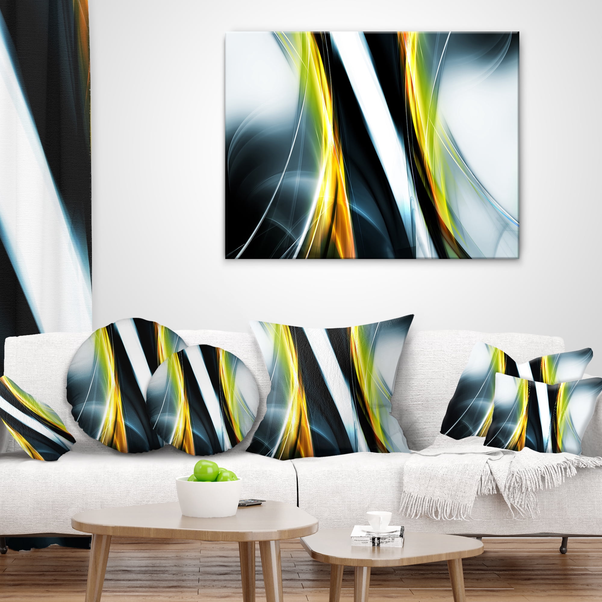 Designart Fractal Lines Yellow White - Abstract Throw Pillow - 16x16