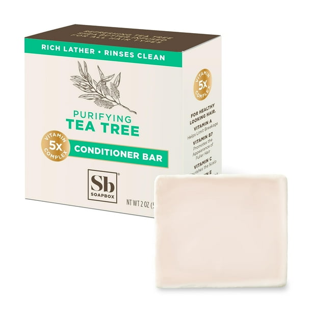 Barra acondicionadora para el cabello Soapbox con aceite de árbol de té para limpiar y purificar el cabello y el cuero cabelludo secos y dañados, acondicionador sólido de 2 onzas, bajo en plástico, ve