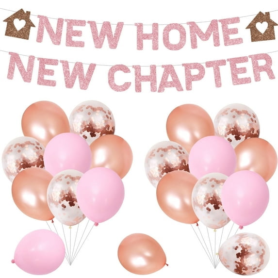 42PCS Pink themed Party, New Home New Chapter Theme Party Decoration with New Home Banner,New Chapter Banner for Housewarming Party Supplies Set