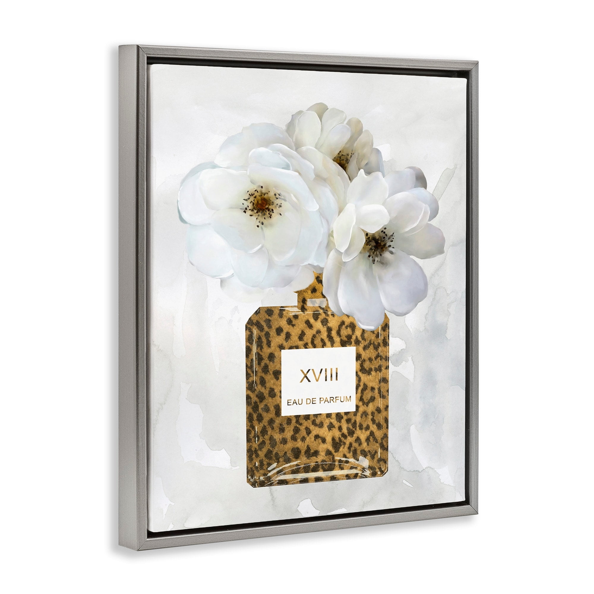 Stupell Industries Leopard Print Perfume Bottle Glam White Spring Florals Luster Gray Framed Floating Canvas Wall Art, 24x30, by Carol Robinson