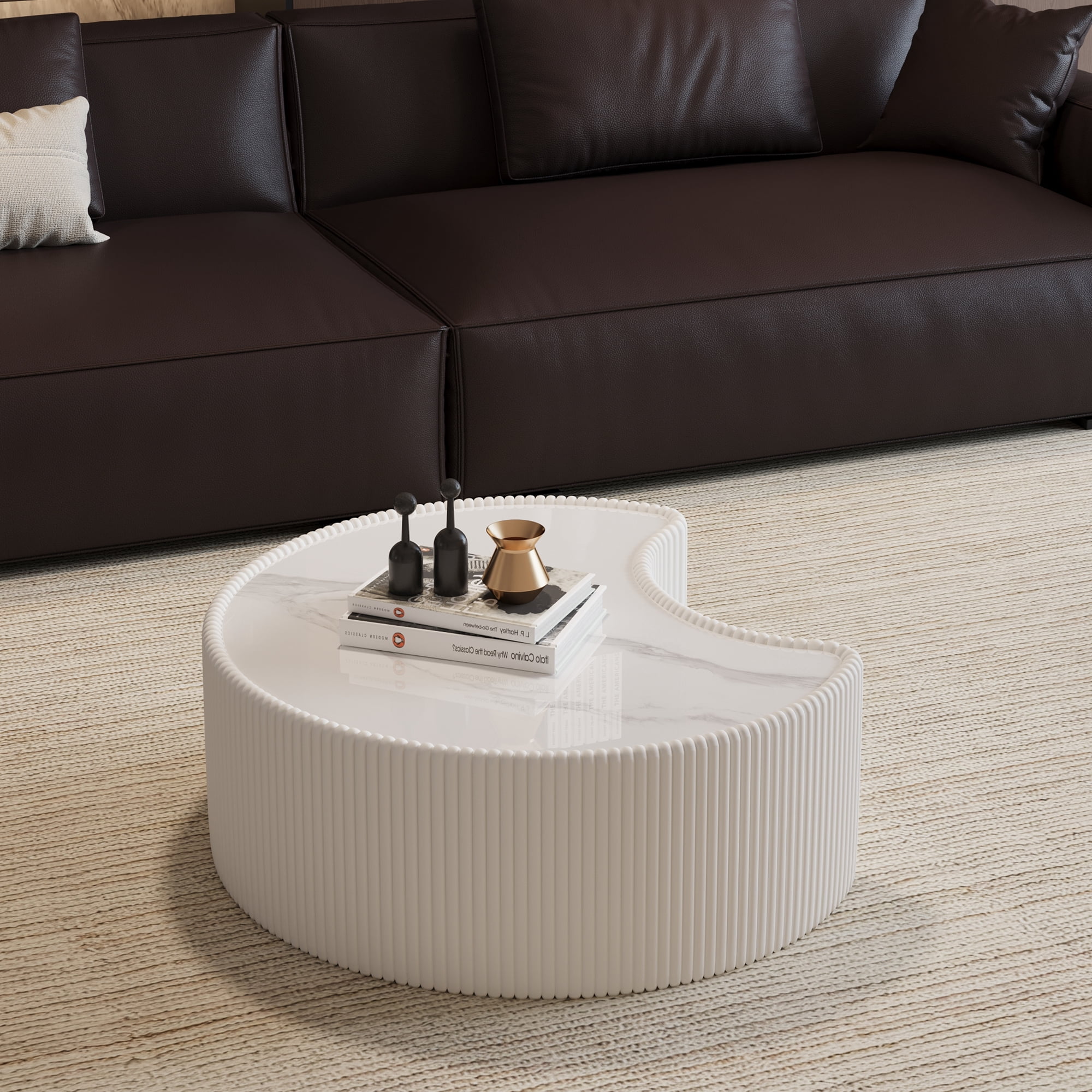 Sintered Stone Coffee Table 29.53 Inch, Irregular Shape Leather Top for Living Room Office, Cream White