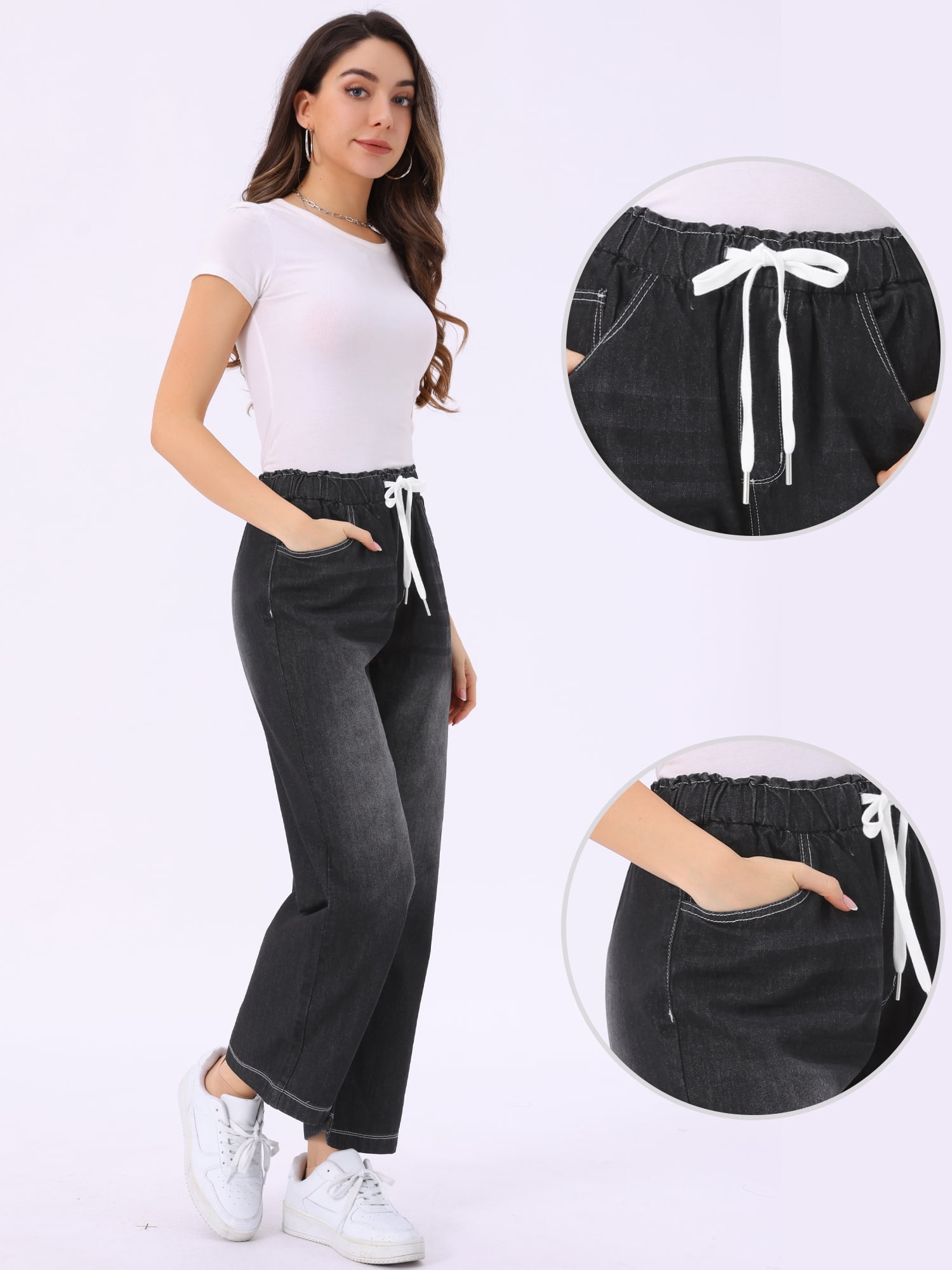 DARING DIVA Women's Trendy Elastic Waist Wide Legs Drawstring Jeans M Black