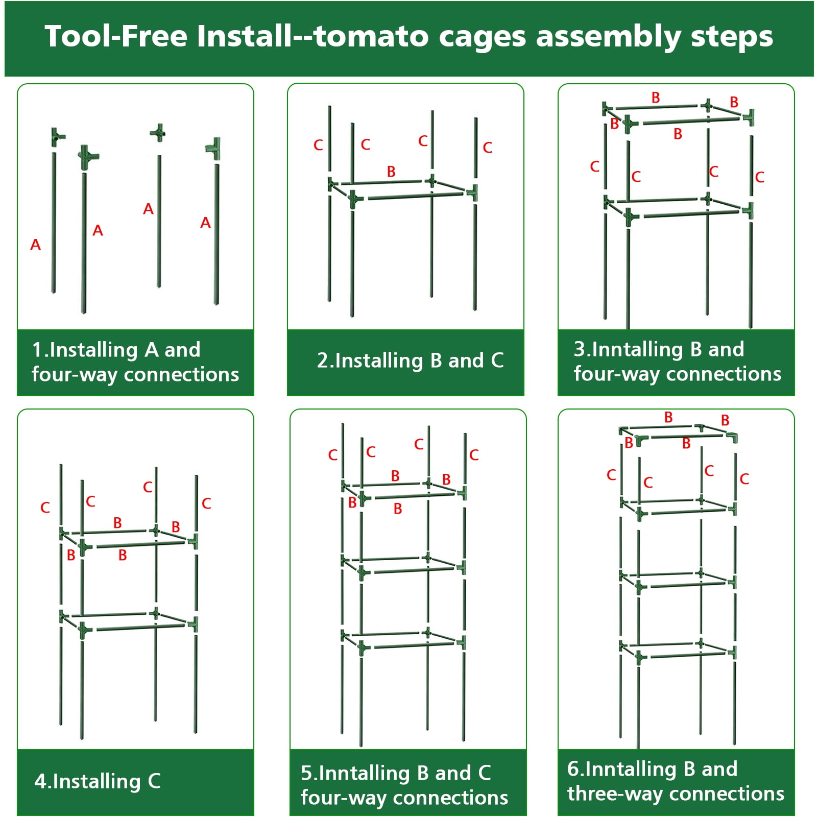 3 Pack Garden Trellis 59" Tomato Cage Square Adjustable Plant Cage for Climbing Plants Metal Plant Trellis for Potted for Vegetables Flowers Fruits