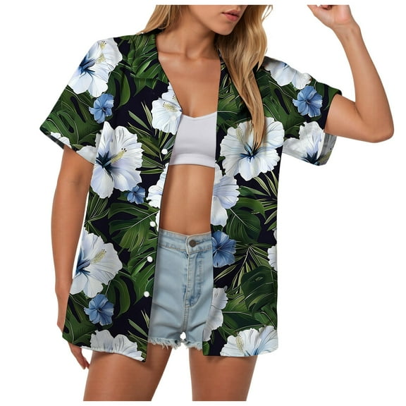 Pimfylm Hawaiian Shirts for Women Hawaii Tropical Button Down Tops Summer Beach Vacation Outfits Floral Short Sleeve Blouses Dark Green, M