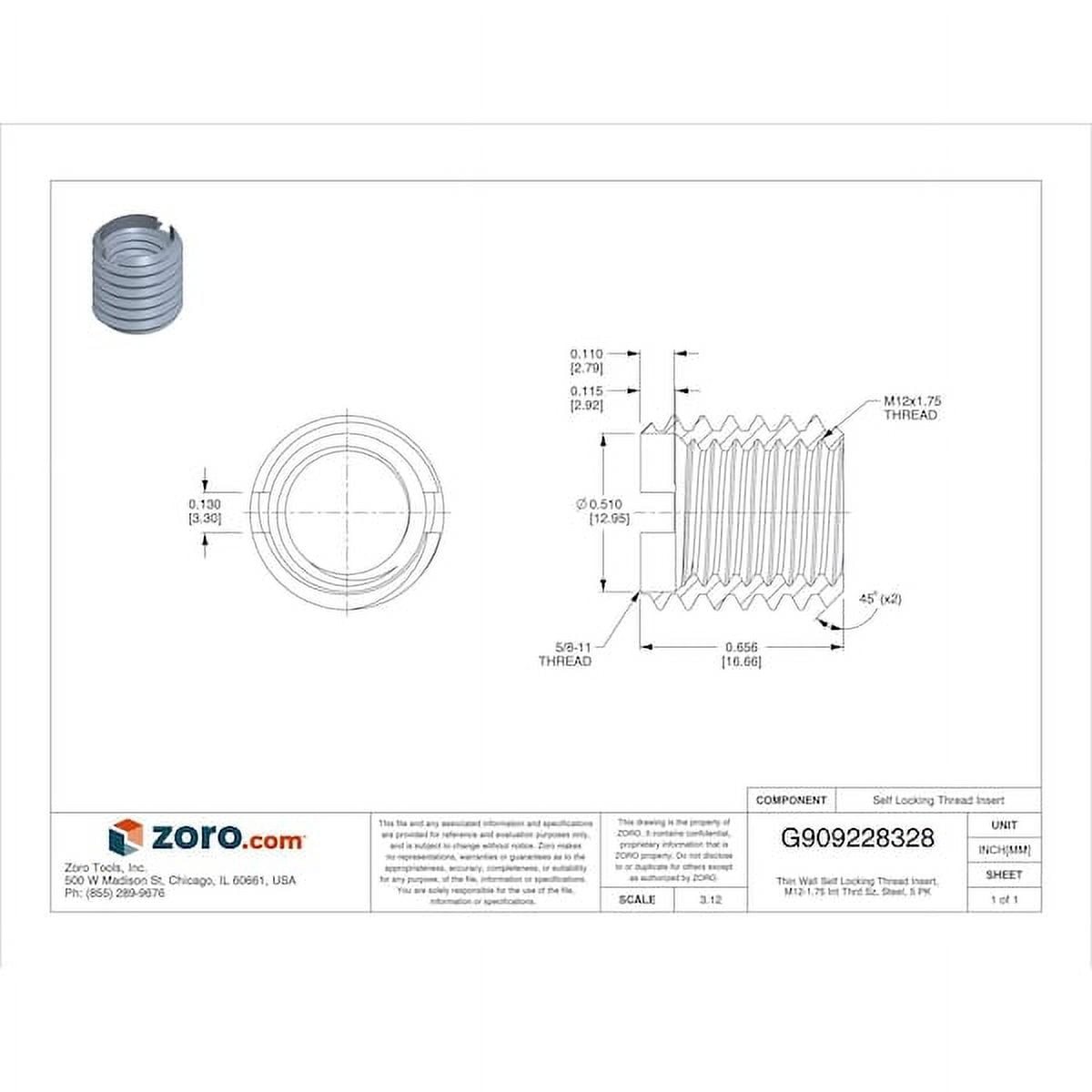 E-Z LOK™ Threaded Insert - Thin Wall - Carbon Steel - M12-1.75 x 5/8-11 (Pack of 5)