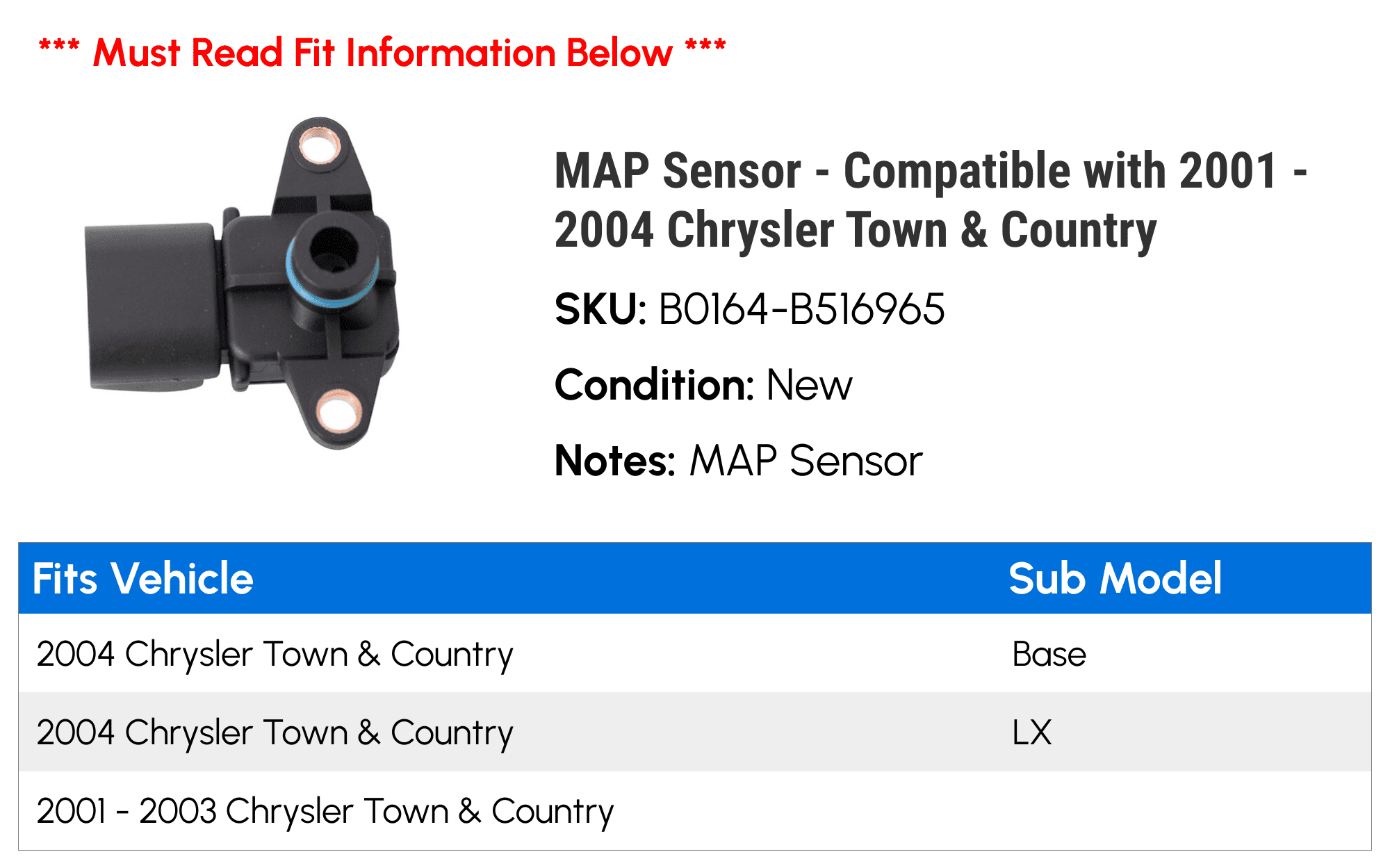 MAP Sensor - Compatible with 2001 - 2004 Chrysler Town & Country 2002 2003