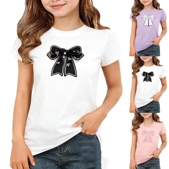 Spazoro Girls T-Shirts Tee, Short Sleeve Bowknot Print Summer Crew Neck Casual Tops for Kids White Size 3