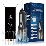 MySmile LP201 OLED Cordless Water Flosser for Teeth Braces, Gums, Dental Hygiene, 350ml Tank, Portable Electric Oral Irrigator, 5 Modes, 8 Jet Tips, Travel Bag, Black