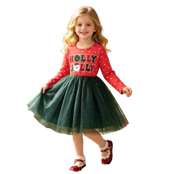 Rhuody Girls' Dresses Long Sleeve Cartoon Prints Tulle Formal Dress Round Neck Holiday Party Princess Ball Gown Simple Wear
