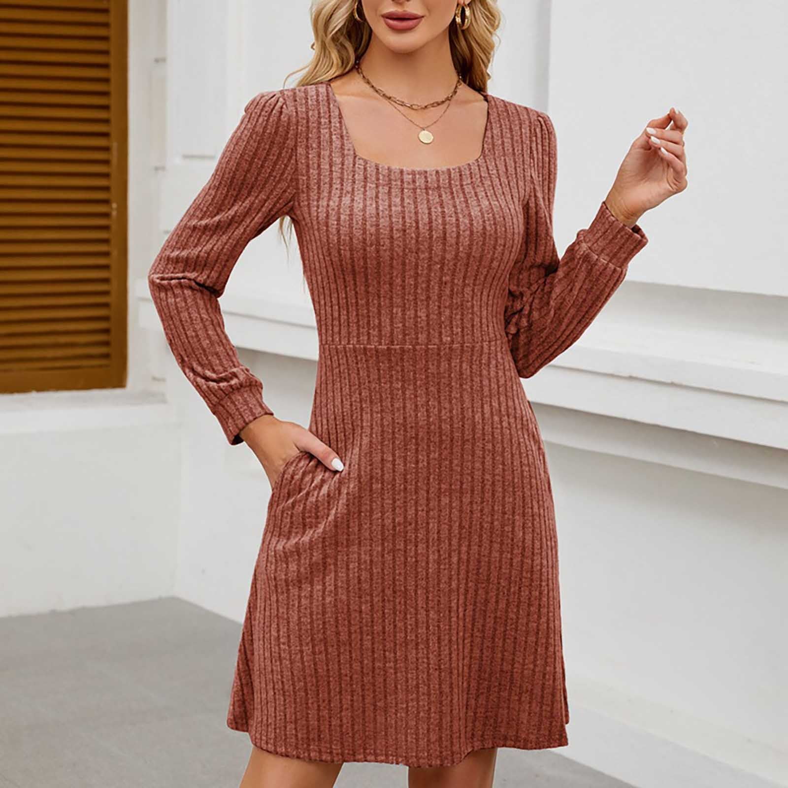 Robe Chandail en Tricot pour Femmes avec Poches Col Carré Manches