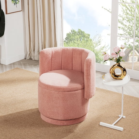HomePerch Swivel Accent Chair with Hidden Storage, 360° Rotating Sherpa Barrel Chair, Upholstered Round Lounge Chair for Living Room Bedroom Nursery Reading Room, Pink