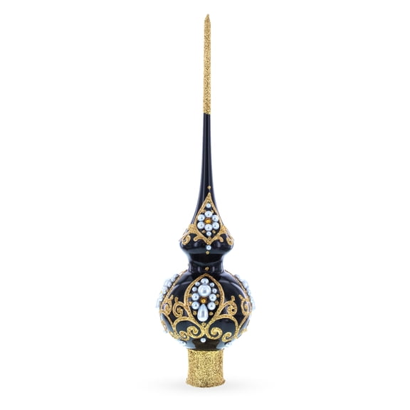Black and Gold Filigree Design Glass Christmas Tree Topper 11 Inches