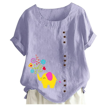

Pajama Tops for plus Size Women Women s Printed Round Neck Raglan Sleeve Hem Slit Loose Short Sleeve Button Decoration Shirt Lavender Tunic for Women