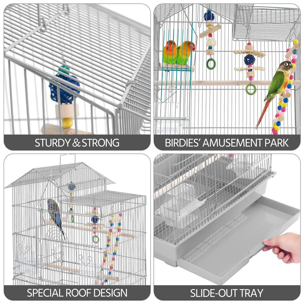 Alden Design 39"H Metal Large Roof Top Parrot Cage with Perches and Toys, Light Gray
