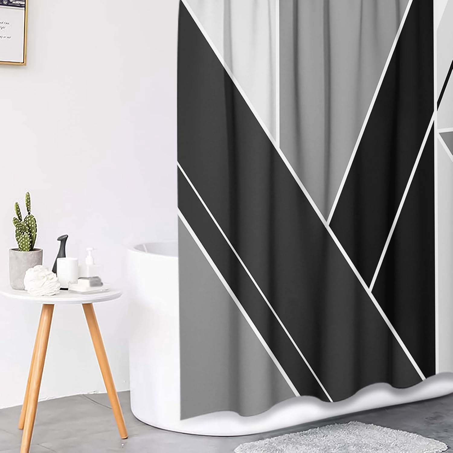 Grey Black Wavy Line Shower Curtain Set with Toilet Lid Cover and Non-Slip Rugs for Bathroom, Abstract Stripes 4 Pcs Shower Curtain, Modern Geometric Bathroom Set with 12 Hooks