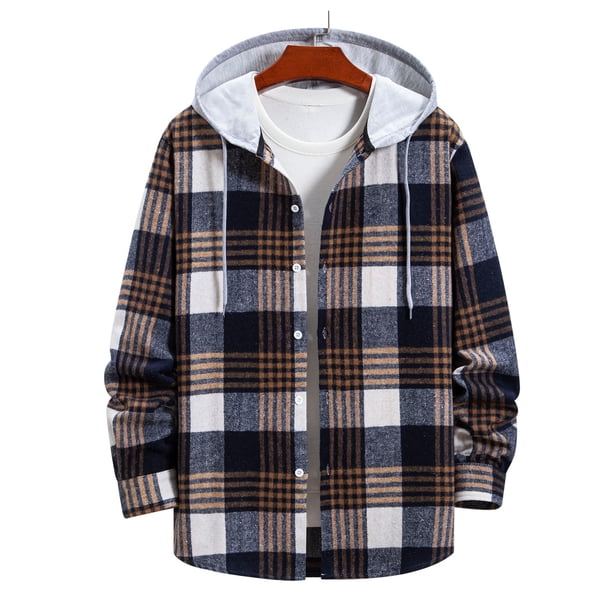 Blusa de manga larga con capucha para hombre, informal, de retazos, a cuadros, con capucha, botones, de manga larga