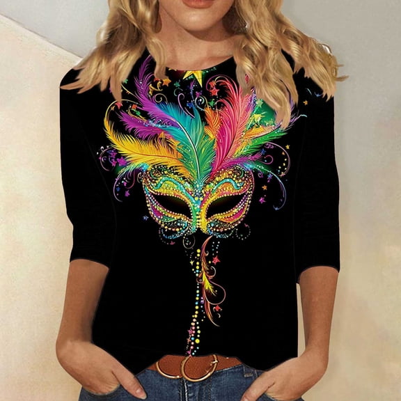 AGWOLF Mardi Gras Shirts For Women Carnival Outfits Tops Funny Mask Graphic Casual 3/4 Sleeve Crewneck T-Shirts Fat Tuesday Party Costume New Orleans Party Shirt