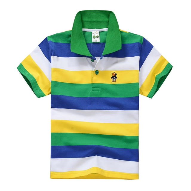 Sunnyoo Polo à Rayures pour Grands Garçons, Manches Courtes, Col Rabattu à Boutons, T-Shirt Polos