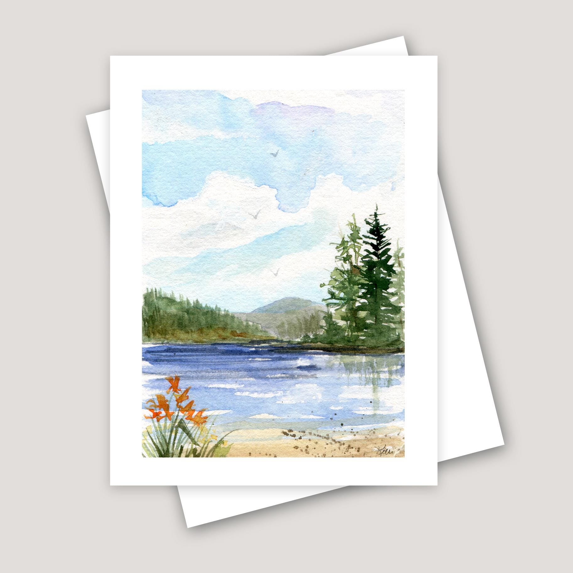 Watercolor Lake and Forest Landscape Greeting Card, Scenic Mountain View Note Card for All Occasions, Nature Art Stationery with Pine Trees and Wildflowers