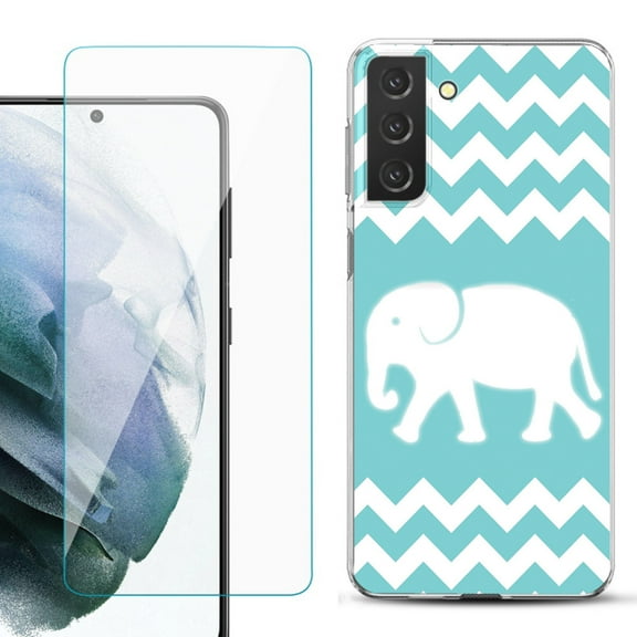 Slim-Fit TPU Fashion Phone Case for Samsung Galaxy S21 FE 5G Fan Edition, with Tempered Glass Screen Protector, by OneToughShield ® - Chevron/Elephant