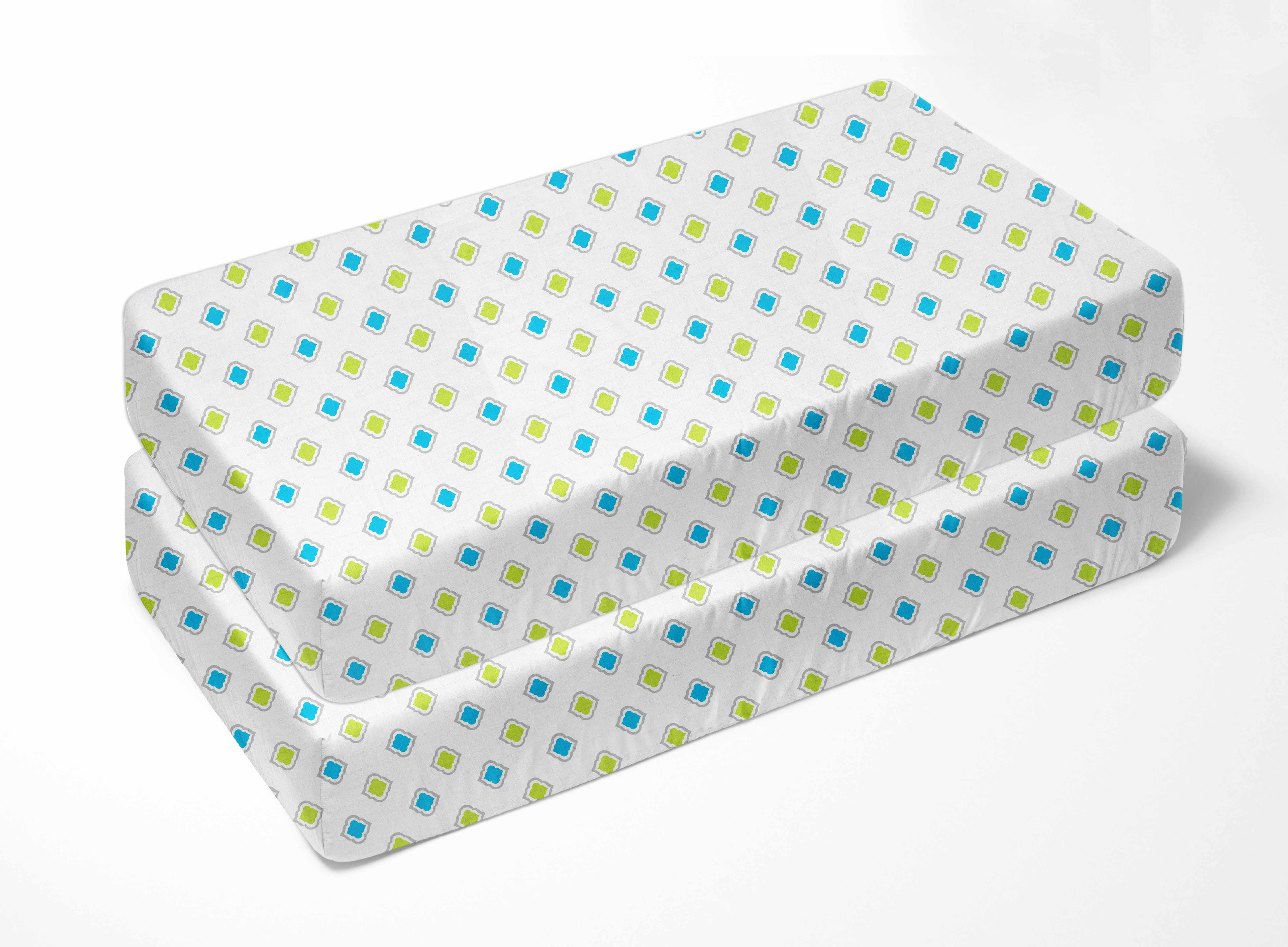 Bacati - Morocan Tiles Crib/Toddler Bed Fitted Sheets 100% Cotton Muslin 2 Pack, Aqua/Lime/Gray