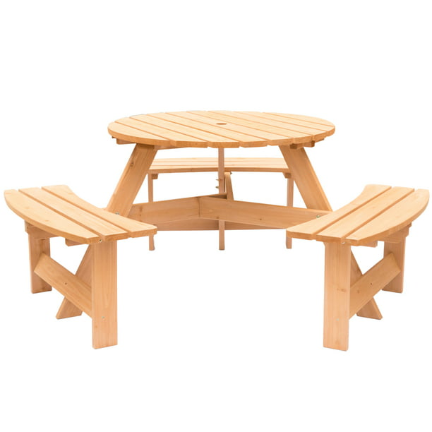 Wooden Outdoor Round Picnic Table With, Round Wooden Outdoor Table With Umbrella Hole