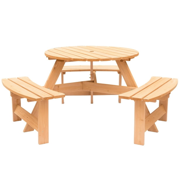 Wooden Outdoor Round Picnic Table With Bench For Patio 6 Person Umbrella Hole Stained Com Wooden Outdoor Round Picnic Table With, Round Wooden Outdoor Table With Umbrella Hole