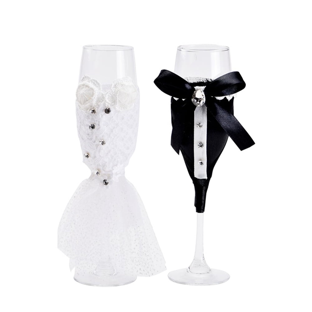 2016  Wedding Toasting Wine Glass Decoration Bride Groom Tux Dress Party JH 