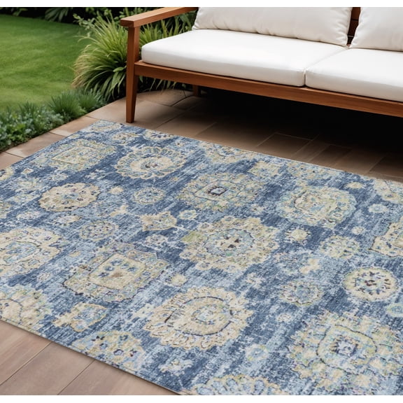 8' X 10' Navy Blue And Beige Floral Washable Indoor Outdoor Area Rug