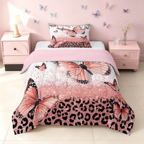 Homewish Pink Butterfly Twin Comforter Sets for Girls, Glitter Leopard Print Bedding Set, Pink Reversible, 2-Piece 1 Comforter and 1 Pillowcase