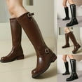 thumbnail image 2 of Knee High Boots Women Retro Leather Long Motorcycle Boots Round Toe Low Heel Trendy Buckle Zip up Fall Winter Mid Calf Booties, 2 of 5