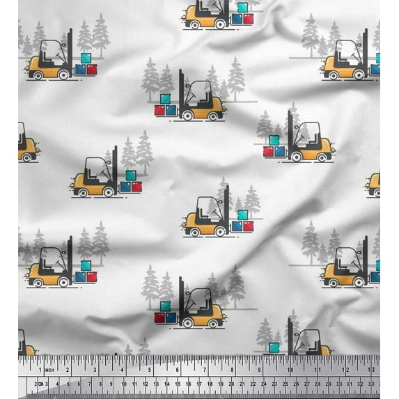Soimoi White Velvet Fabric Tree & Forklift Truck Transport Printed Fabric 1 Yard 58 Inch Wide