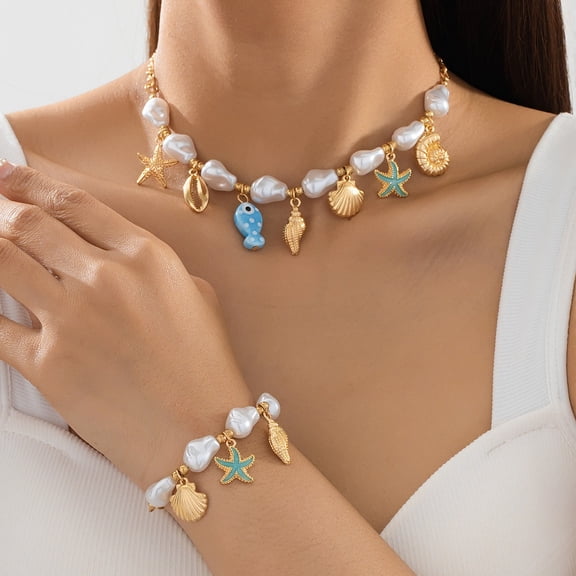 Minimalist Ocean Beach Jewelry Set for Women, Premium Gold Tone Marine Shell Starfish Necklace and Bracelet Matching Set, European Summer Vacation Choker, Aesthetic Layering Clavicle Chain Set