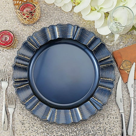 

BalsaCircle 24 Navy Blue Gold 13 Acrylic Wooden Textured Round Scalloped Trim Plastic Charger Plates