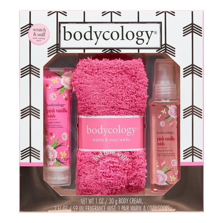 Bodycology (Lotion, Fuzzy Socks, Fragrance Mist) Pink Vanilla Wish Fragrance Gift Set, 3 Pieces