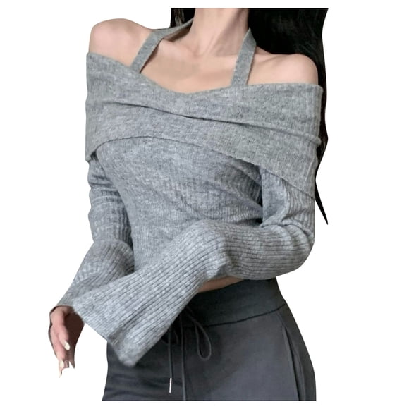 TINZ Women's Winter Off Shoulder Knit Sweater Long Sleeve Slim Fit Crop Top Pullover Snapped Hoodie Cute Sweaters Soft Sweater